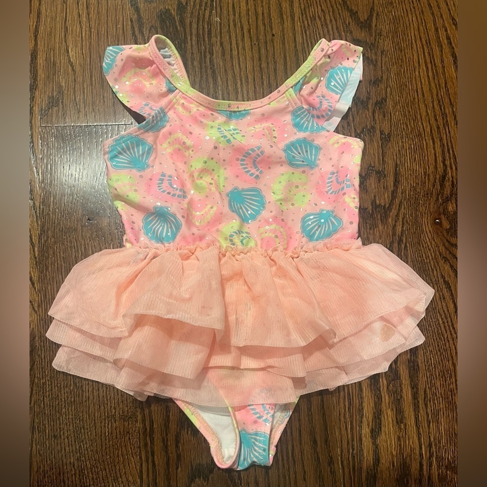 Nicole Miller Girls Pink Tutu Ruffle One Piece Swimsuit Sz 2T Seashells NWOT